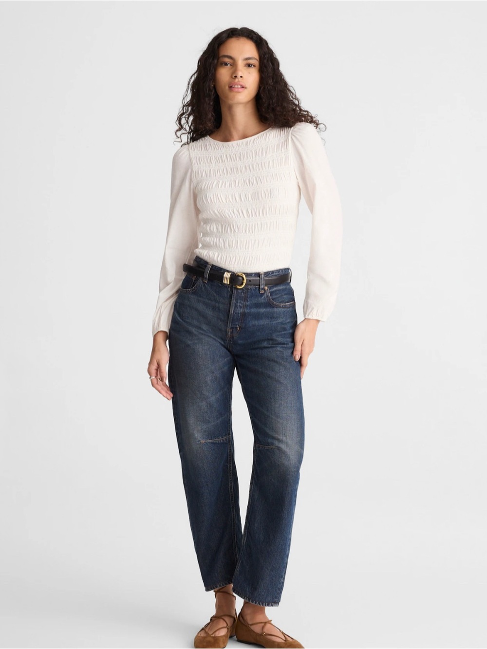 Madewell Ivory Smocked Long-Sleeve Blouse